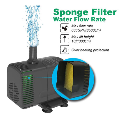 Knifel Submersible Pump 880GPH (3500L/H 60W) Ultra Quiet with Over Heating Protection 10.2ft High Lift for Fountains, Hydroponics, Ponds, Aquariums & More…