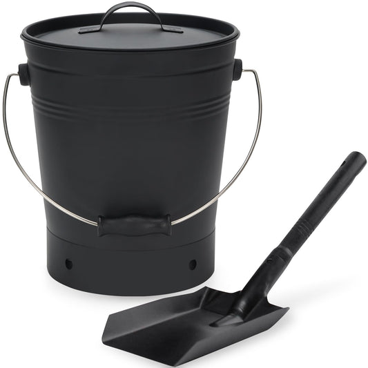 INNO STAGE Ash Bucket with Lid and Wood Handle Coal Shovel, Ash Carrier Pail Fireplace Tools,Fire Pit,Wood Burning Stove Black