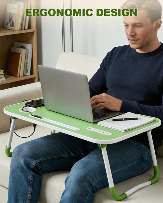Foldable Laptop Bed Desk with Cup Holder and Fan Slot, Portable Lap Table for Work and Study, 23x15.5x9.65 Inches (Green)