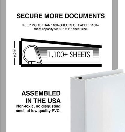 4 Pack of 6 Inch 3 Ring Binder with Locking Angle D Rings, Professional Heavy Duty Large Storage Binder with Pockets, Fits 8.5 x 11 Inch Sheets, Non-Stick Clear View Cover, Customizable, White