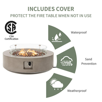 COSIEST 2-Piece Outdoor Propane Firepit Table Set w Tank Table, 42" Fire Table Certified, 50,000 BTU w Gray Round Base,Wind Guard and 16 inches Tank Side Table 20lb for Garden,Pool