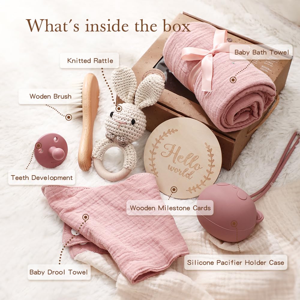 EERKEOD Baby Gift Set for Newborn New Baby Gift Set - Newborn Baby Essentials Baby Bath Set with Baby Blanket Baby Rattle - New Born Baby Girls Gift & Baby Boy Gifts for Baby Shower
