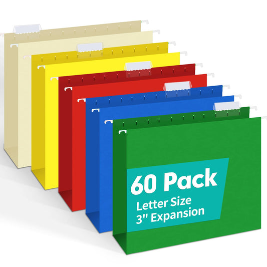 HERKKA Extra Capacity Hanging File Folders, 60 Pack Reinforced Letter Size Hanging Folders with Heavy Duty 3 Inch Expansion, Designed for Bulky Files, Medical Charts, Adjustable Tabs, Assorted Colors