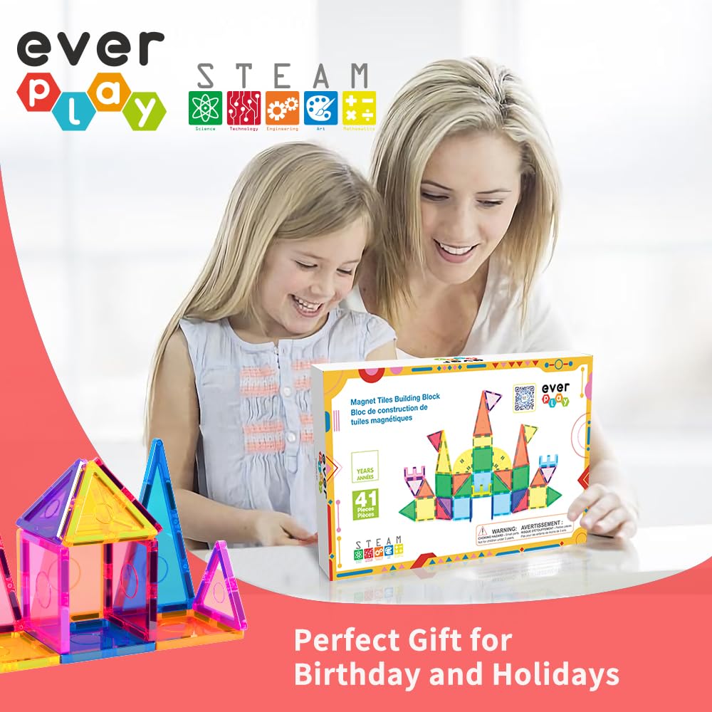 Everplay Magnetic Tiles Starter Set Building Blocks Toys STEM Educational Learning Magnet Toy Preschool Montessori Boys & Girls Smart Unlimited Creative Kit Games Gifts for Age 3+ Kids Toddlers