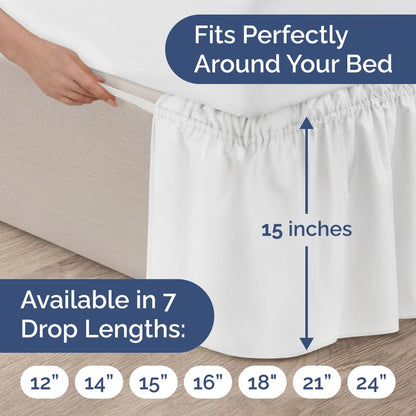 Wrap Around Dust Ruffle Bed Skirt - White - for Queen Size Beds with 15 Inch Drop - Easy Fit Elastic Strap - Adjustable Pleated Bedskirt w/Brushed Fabric - Wrinkle Free - for Women, Men, Kids & Teens