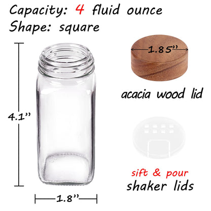 Churboro 36 Glass Spice Jars with 547 Labels with Shaker Lids - 4 Oz Square Spice Containers with Acacia Wood Lids, Chalk Pen, Funnel Seasoning Jars for Spice Rack, Cabinet, or Drawer