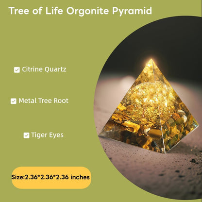 Tree of Life Orgone Pyramid Citrine with Tiger Eyes Positive Energy Healing Crystals Pyramid for Reduce Stress Chakra Reiki Meditation Attracts Lucky and Success