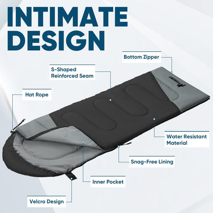 PTEROMY Sleeping Bags for Adults, Lightweight and Machine Washable, Water Resistant Backpacking Camping Sleeping Bag for Warm Cold Weather, Camping Essentials for Hiking Travel (Black, 1.35kg)
