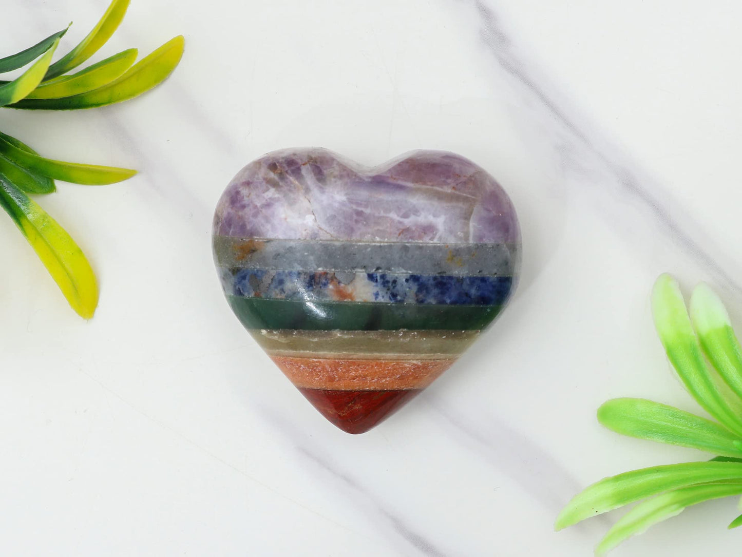 Crocon 50mm 7 Chakra Heart Stone Big Heart Shape Puff Stones Set 450+ Carats Pocket Crystal Healing Tumble Collection Palm Worry Stone Good Luck Charm Meditation Gift Craft Home Decor