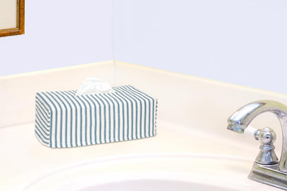 Fabric Tissue Box Cover, Tissue Holder Slipcover, Slips Over Rectangular Cardboard Facial Tissue Boxes -Decorative Blue Stripe Cotton Fabric, Made in USA