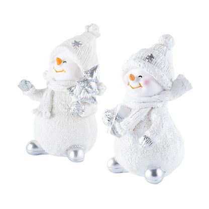 Brizoria Snowman Figurines Set of 2 White Resin Christmas Decorations with Silver Accents Winter Mantel Decor and Holiday Centerpieces for Table Home Indoor Tiered Tray Room Display