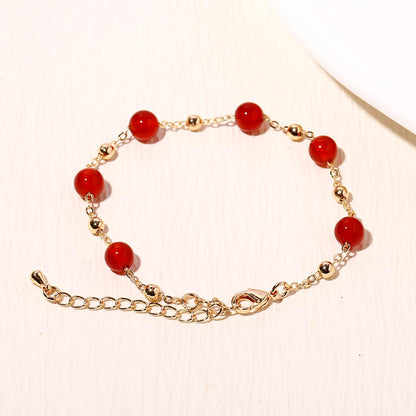 Xfoxstal 14K Gold Plated Chain Bracelets for Women Crystals and Stones Beaded Bracelets Jewelry Adjustable (Red Agate)