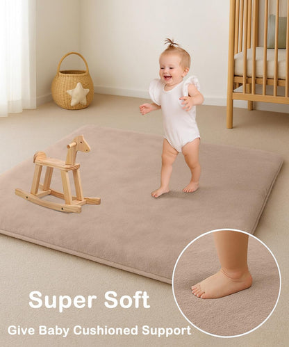 Lansber Thick Padded Baby Floor Play Mat 1.2" Cushioned Velvet Surface Non Slip Bottom High Density Foam Safe and Soft Floor Mat for Infants Toddlers and Playpen Use (Lightbrown, 50X 50)