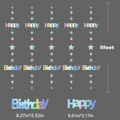 Leekryeton Happy Birthday Banner, Birthday Decorations for Women & Girls, Iridescent Holographic Star Circle Dot Garland Sign, Hanging Streamers Party Decor with Aurora Rainbow Effects