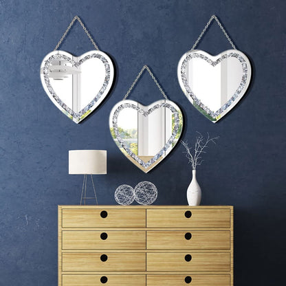 DMDFIRST Crystal Crush Diamond Heart Shaped Silver Mirror with Silver Stainless Steel Chain for Wall Decoration 12x12x0.5 inch Frameless Glam Mirror