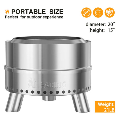 20 Inch Smokeless Fire Pit with Removable Ash Pan, Fire Pits for Outside Wood Burning, Portable Bonfire Outdoor Firepit, Bag & Poker Included, Stainless Steel (Silvery- with Legs-Fire Pit)