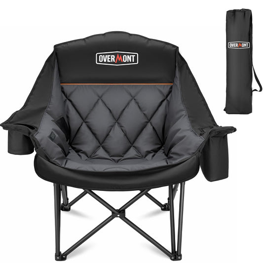 Overmont Oversized Camping Chair for Adults - 400lbs Support Heavy Duty Padded Folding Chair with Cooling Bag Cup Holder Side Pocket Carry Bag - Comfortable Portable for Outdoor Garden Sports Beach