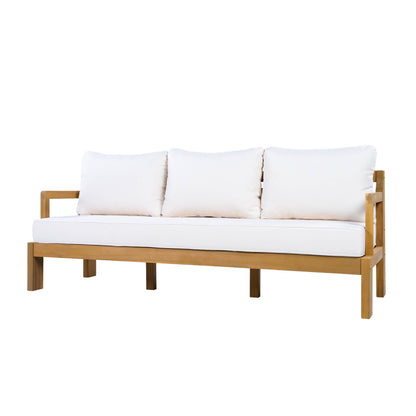 Christopher Knight Home Bayah Acacia Wood Outdoor 3 Seater Sofa with Cushion, Solid Wood Patio Sofa with Removable Cushion, Comfy Lounge Sofa for Patio Furniture Set, Natural Teak+Beige