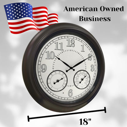 Illuminated Large Outdoor Clock - 18 inch Indoor Outdoor Night Light Wall Clock with Smart LED Sensor, Temperature and Humidity Combo - Weatherproof & Easy to Read for Pool, Patio & Home Decor