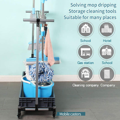 QTJH broom and mop holder put wet mops movable Commercial mop rack cleaning tool cart storage for garden garage organizer mop drain rack