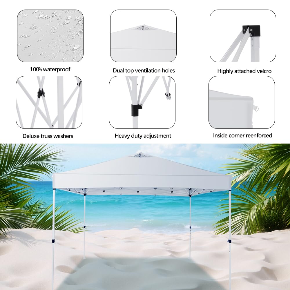 10x10 Pop Up Canopy Tent – One-Person Setup, Waterproof & UV-Blocking, Heavy-Duty Steel Frame, Wheeled Bag & Sandbags – Outdoor Shade for Beach, Camping, Backyard, Tailgate, Events (White)