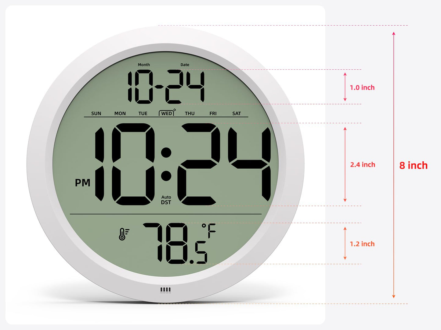 Digital Wall Clock with Date, Indoor Temperature, Auto-DST, Battery-Operated Digital Clock, 8 Inch Small Decorative Wall Clock for Bedroom, Living Room, Home, Kitchen, Office, Modern, Electric, Simple
