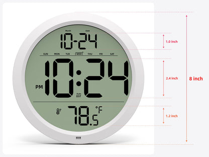 Digital Wall Clock with Date, Indoor Temperature, Auto-DST, Battery-Operated Digital Clock, 8 Inch Small Decorative Wall Clock for Bedroom, Living Room, Home, Kitchen, Office, Modern, Electric, Simple