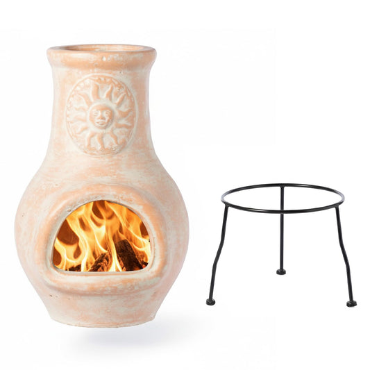 Outdoor Beige Clay Chiminea Outdoor Fireplace Sun Design Charcoal Burning Fire Pit with Sturdy Metal Stand, Barbecue, Cocktail Party, Family Gathering, Cozy Nights Fire Pit
