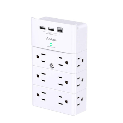 Addtam Multi Plug Wall Outlet, Surge Protector Wall Mount with 12 Outlet Extender 4 Sides and 3 USB Ports (1 USB-C), Outlet Splitter Power Strip for Home Office Dorm Room Essentials, White