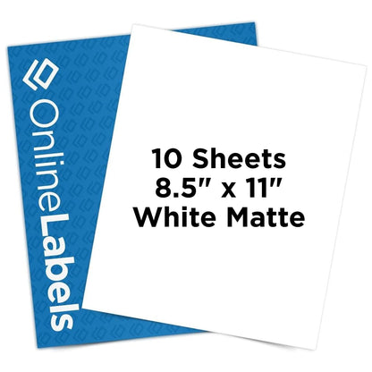 Sticker Paper, 10 Sheets, White Matte, 8.5" x 11" Full Sheet Label, Works with Inkjet and Laser Printer, Compatible with Electronic Cutting Machines, OL177WX, OnlineLabels