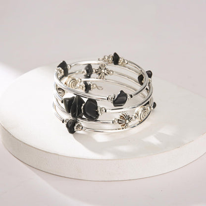 FULU AUTUMN Stone Silver Bangle Wrap Bracelet Boho Turquoise Crystal Chips Bead Bracelets Fashion Jewelry Birthday Gifts for Women(19-Black)