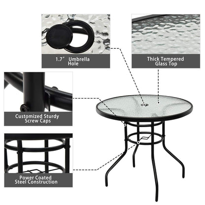 Tangkula 32" Round Outdoor Table with Tempered Glass Top, Patio Dining Table with Umbrella Hole & Metal Frame, Outside Bistro Table for Backyard, Lawn, Deck & Poolside
