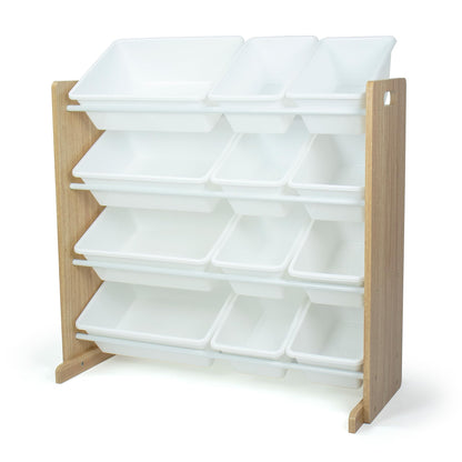 Humble Crew Toy Storage Organizer with 12 Removable Storage Bins for Kids Playroom, 4-Tier Toddler Toy Organization, Natural Wood/White