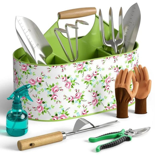 9-Piece Garden Tool Set, Heavy Duty Stainless Steel Rust-Proof Planting Kit with Ergonomic Wood Handles, Durable Metal Organizer Basket with 4 Compartments, Ideal Gardening Gift for Women, Mother