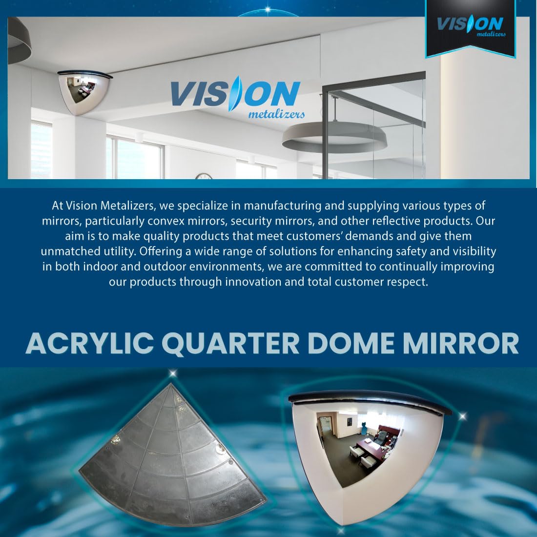 Vision Metalizers 18" Acrylic Quarter Dome Mirror With Plastic Back, Round Indoor Security for Driveway Safety Spots, Outdoor Warehouse Side View, Circular Wall for Office Use (DPB1814)
