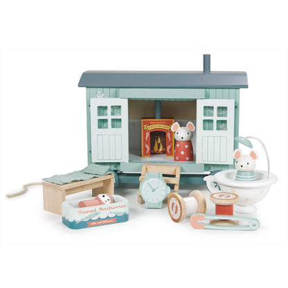 Tender Leaf Toys - Secret Meadow Shepherd’s Hut - Portable Furnished Wooden Shepherd’s Hut on Wheels with 11 Pcs Accessories and 3 Mice Dolls - Open-Ended Play and Story Tellings - Age 3+