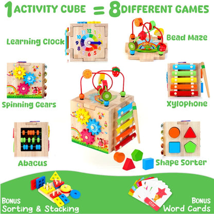 Batlofty Wooden Activity Cube, 8-in-1 Montessori Toys for 1 2 Year Old Girl Boy Toddler| Sensory Educational Learning Toys 12-18 Months | 1st Birthday Gifts, Bead Maze | Bonus Sorting & Stacking Board