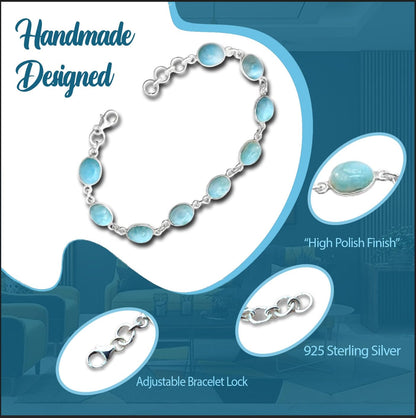 DESIGN HUB Larimar Bracelet 925 Sterling Silver | Handmade Oval Gemstone Bracelet for Women & Men | Adjustable 7-8 Inch Ocean Blue Jewelry | Unisex Artisan Gift | Women Gift for Her