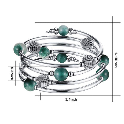 PEARL&CLUB Beaded Chakra Bangle Turquoise Bracelet - Fashion Jewelry Wrap Bracelet with Thick Silver Metal and Mala Beads, Birthday Gifts For Women(63-Jade Green)
