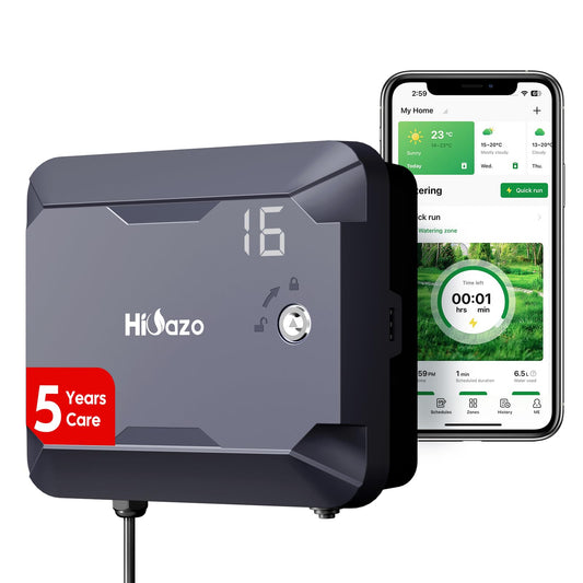 Outdoor Smart Sprinkler Controller with Protector, WiFi Irrigation Controller Easy Use App Enabled, 16 Zones + 16 Plans, Save Water Auto Skip Rain, Freeze & Wind, 10 Minutes Install