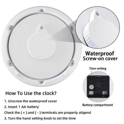 Caysie 10 Inch Sealed Indoor Outdoor Clock Waterproof, Silent Battery Operated Weatherproof Wall Clocks for Pool Patio Outside Home (White)