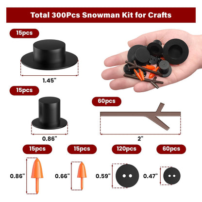 Outivity 300 Pcs Snowman Crafts DIY Kits for Winter Kids, Classroom & Group Craft Supplies, Includes 30 Mini Black Top Hats, 180 Snowman Craft Buttons, 30 Carrot Noses and 60 Hands