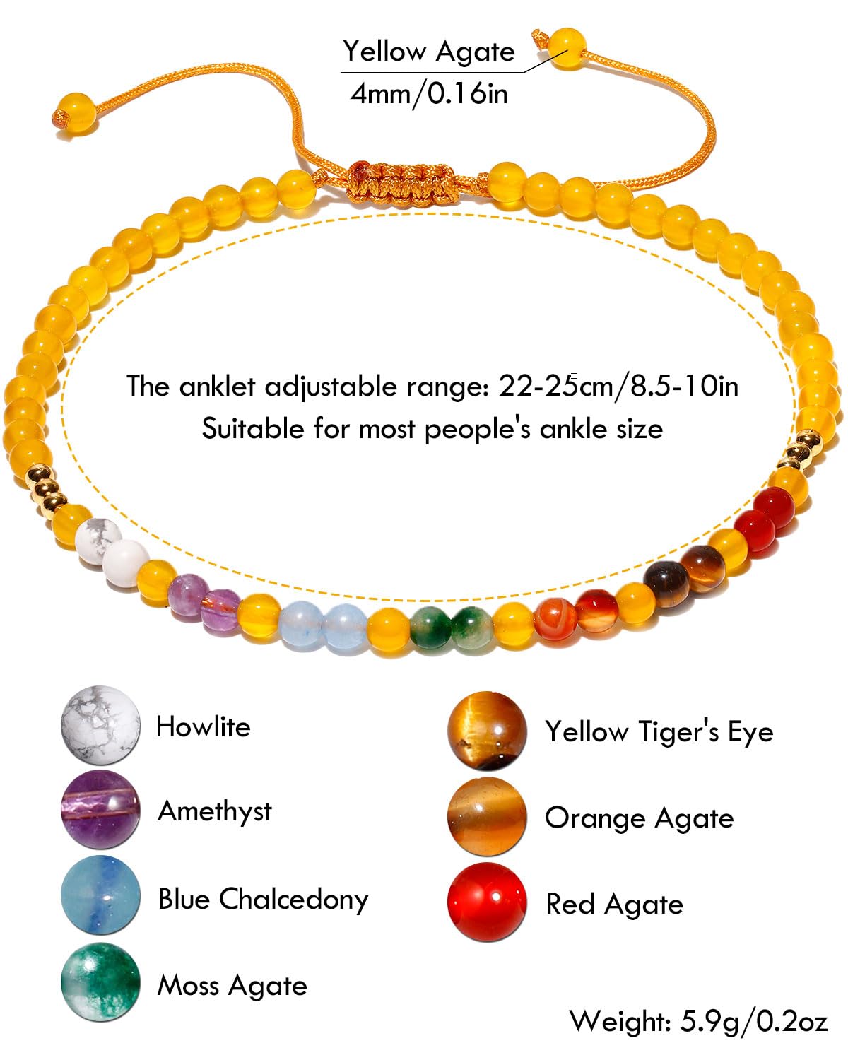 Wizock Reiki 7 Chakra Beaded Anklet Meditation Yoga Colorful Ankle Bracelets for Women Balance Beach Foot Jewelry Adjustable (Yellow Agate)