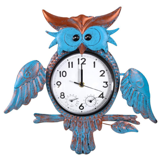 HOBYLUBY Outdoor Clock Silent Non-Ticking, Outdoor Wall Clocks with Thermometer & Humidity, Quartz Clocks Waterproof Decor for Patio Garden Living Room（Blue Owl）