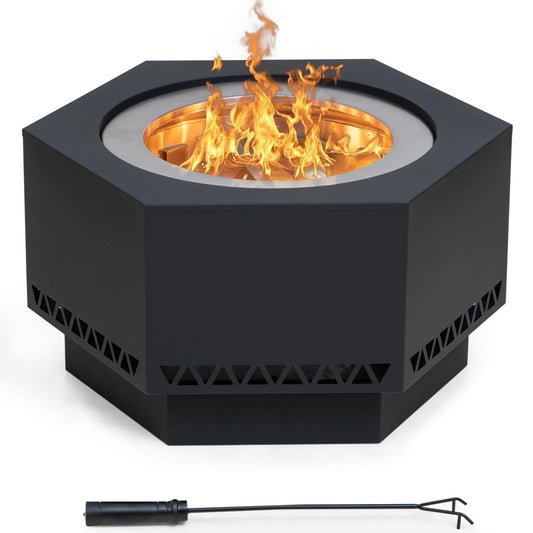 SUNJOY Smokeless Fire Pit 28-Inch Hexagonal Firepit for Patio and Outdoor, Stainless Steel Wood Burning Fireplace with PVC Cover and Fire Poker, Ideal for Camping, Bonfire, and Backyard, Black