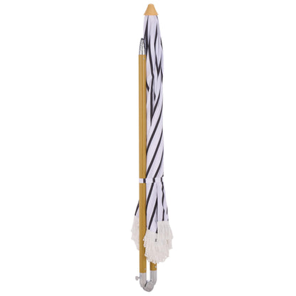 SAFAVIEH Outdoor - Bella 6.5 FT Beach Umbrella - Black Striped Canopy with White Fringe Trim, Tilt Function, Aluminum Pole with Wood Grain Finish, Weather Resistant for Beach, Patio, Garden (PAT8504A)