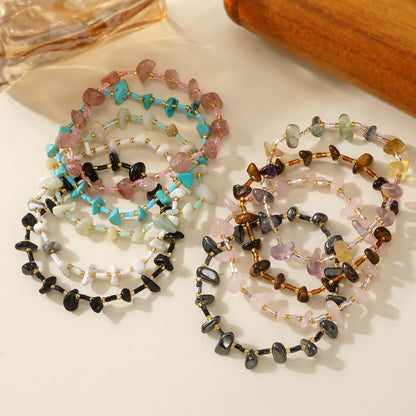 SHINUS BOHO Healing Natural Crystal Beaded Stretch Bracelet for Women,Handmade Boho Irregular Fluorite Energy Stones Cleansing Calming Bracelet Strength Summer Beach Fashion Jewelry Gift Friendship
