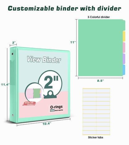 3 Ring Binder 2 inch，Cute Binder Organizer with 5 Tab Dividers Fits 175 Sheets of 8.5x11 Paper, Customizable Clear Cover with Inside Pockets, Aesthetic 2" Three Ring Binders for School Office，Green