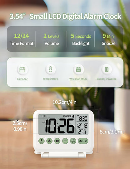 MeesMeek Digital Travel Alarm Clock - 3.54 inch LCD Display, 9-Minute Snooze, 2 Volume Levels, Backlight, Battery Included (White)