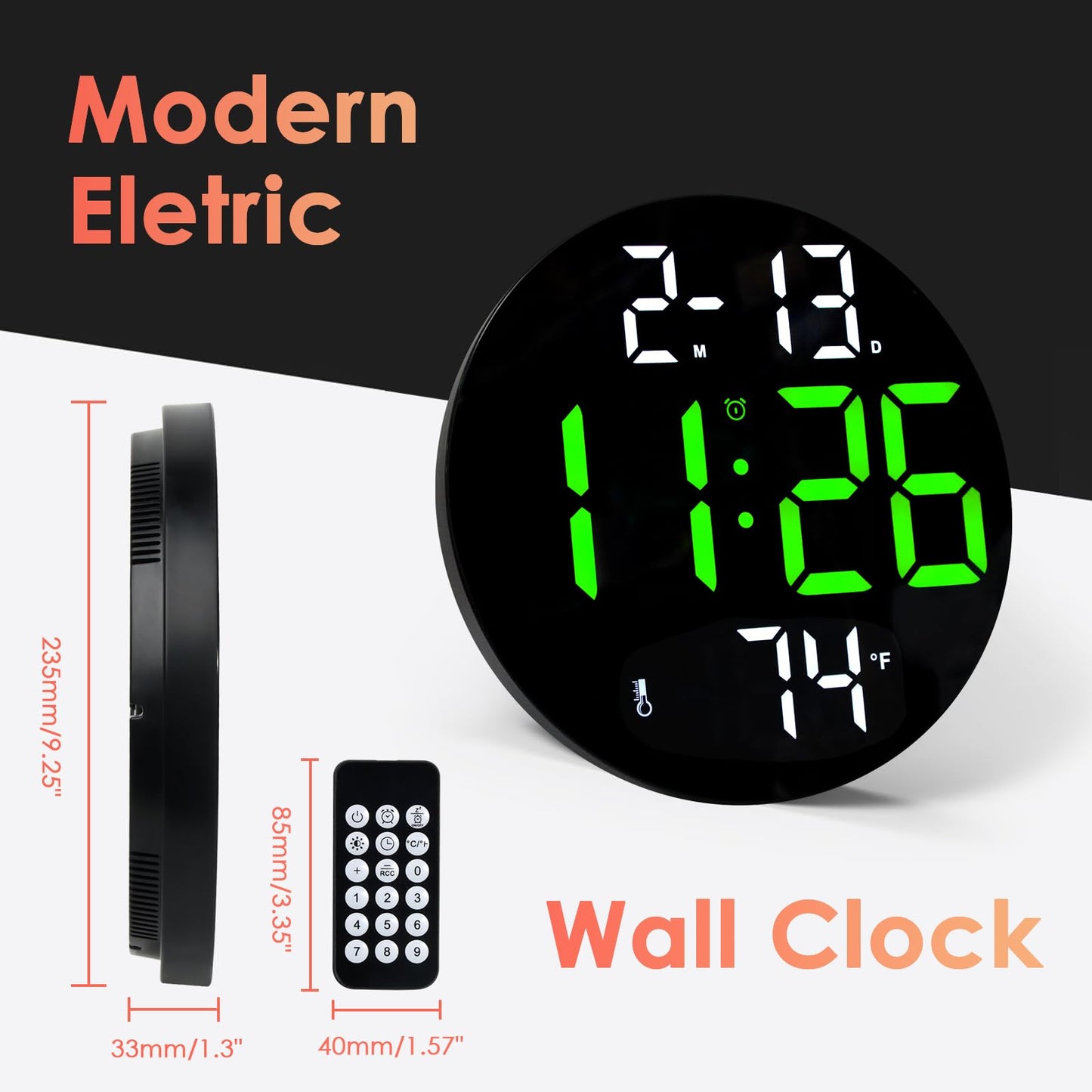 Digital Wall Clock with Large LED Display, 5-Brightness, Temperature, Low-Reflectivity, Small Silent Non-Ticking Modern Electric Wall Clock for Bedroom, Living Room, Office, Classroom, Farmhouse